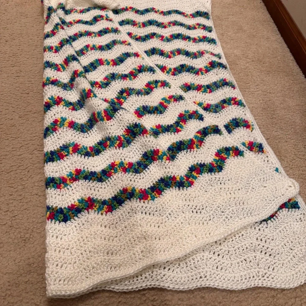 Hand Crocheted Baby Lap Blanket Rainbow Zig Zag Cottagecore Boho Throw 40x38
